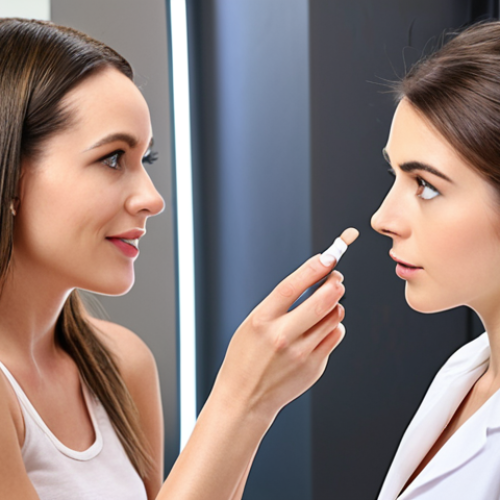 **

A modern, bright beauty salon setting. A young woman is attentively listening to a beauty consultant who is explaining different skincare products and their benefits. Focus on the consultant's expertise and the client's engagement. The scene emphasizes personalized skincare advice and product knowledge.

**
